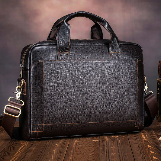 Men’s Top-Grain Leather Briefcase – Cowhide Laptop & Crossbody Office Bag
