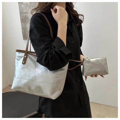 Vintage Patchwork PU Tote – Large Capacity Casual Shoulder Bag for Women