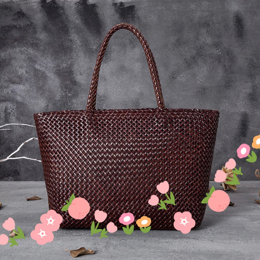 Romantic Woven Leather Tote – Handmade Cowhide Bucket Bag for Women’s Beach & Holiday