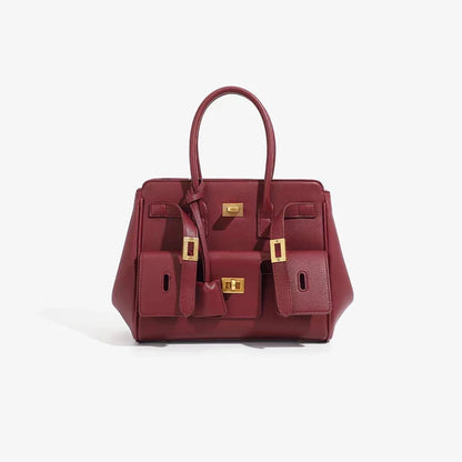 Black Genuine Leather Lock Tote – Trendy Winged Shoulder Bag for Women’s Daily Commute