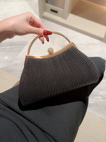 Classic Pleated Evening Bag – Shiny Handheld Clutch with Rhinestone Detail for Women
