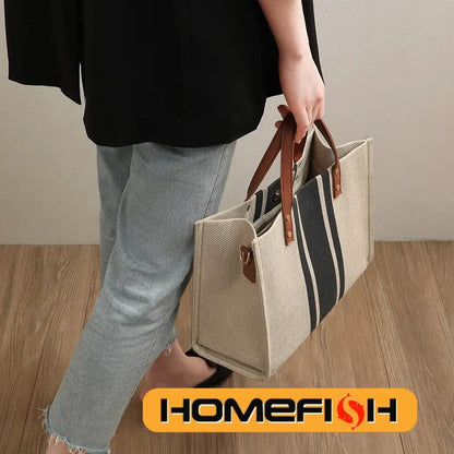 Large Capacity Canvas Handbag – Striped Design