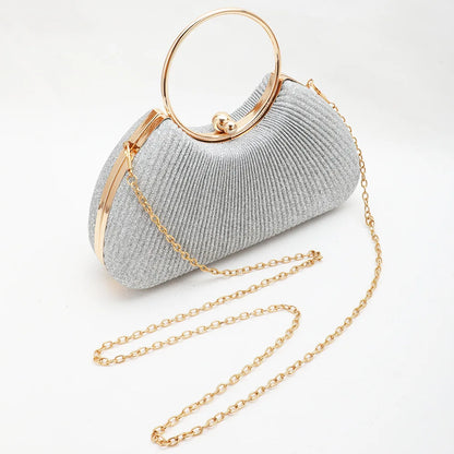 Silver Wrinkled Ring Clutch – Diamond-Studded Mini Evening Bag with Chain Strap