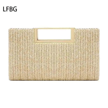 Straw Clutch Purse – Spring/Summer Handbag with Hollow Metal Chain