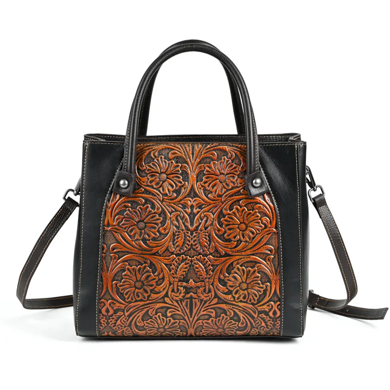 Floral Leather Tote – Handmade Vintage Cowhide Shoulder & Crossbody Bag for Women