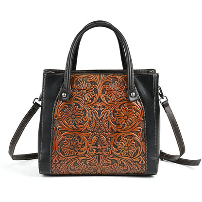 Floral Leather Tote – Handmade Vintage Cowhide Shoulder & Crossbody Bag for Women