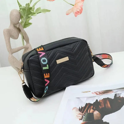 Rilibegan Embroidered Camera Bag – Versatile PU Leather Square Shoulder Bag with Printed Strap