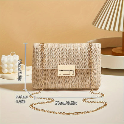 Woven Straw Shoulder Bag – Handwoven Solid Color Crossbody Purse with Lock Closure