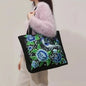 Ethnic Floral Embroidered Canvas Tote – Large Capacity Shoulder Bag for Women